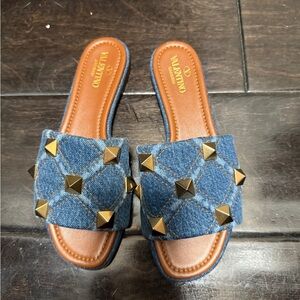 Valentino Blue Denim Slides with Gold Studs